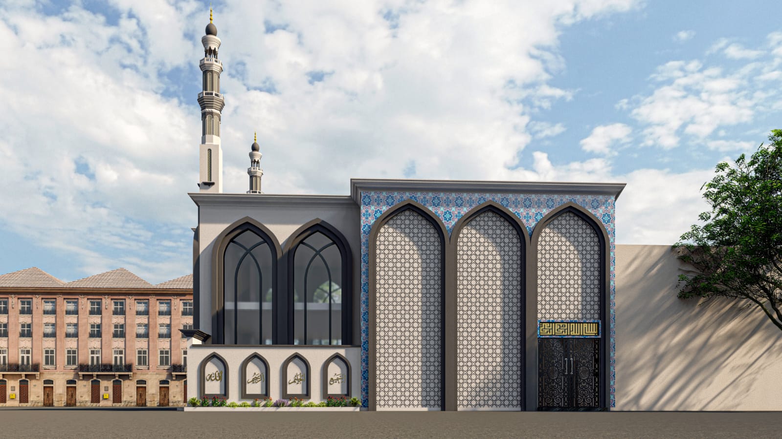 Twin Minaret Mosque — Front Facade